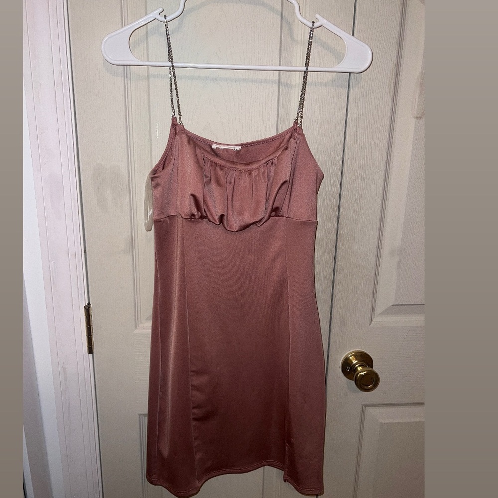 Elegant Pink Satin Slip Dress with chain sparkle straps